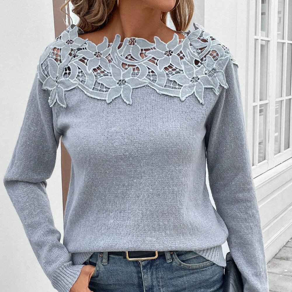 Grey Casual Women's Lace Patchwork Crew Neck Pullover Sweater - Picture 4 of 5